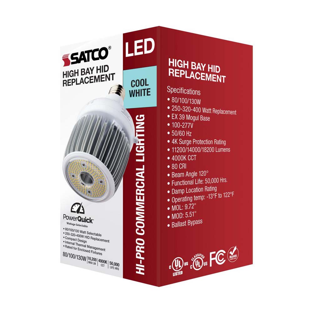 LED Hi-Bay 80/100/130 Selectable Wattage Mogul Extended 4000K 100V-277V