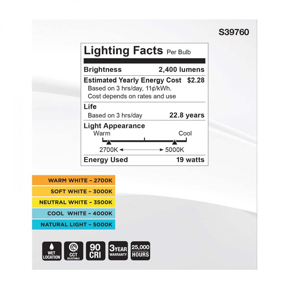 19w PAR38 High Lumen LED Long Neck CCT Selectable E26 Base 120-277v - 250w equiv