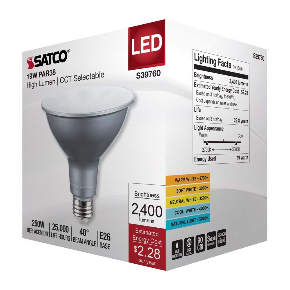19w PAR38 High Lumen LED Long Neck CCT Selectable E26 Base 120-277v - 250w equiv