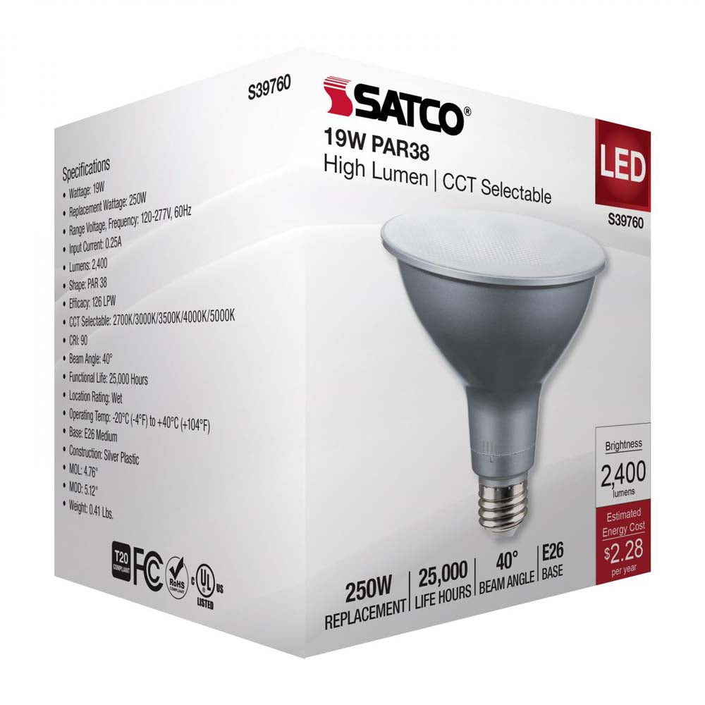 19w PAR38 High Lumen LED Long Neck CCT Selectable E26 Base 120-277v - 250w equiv