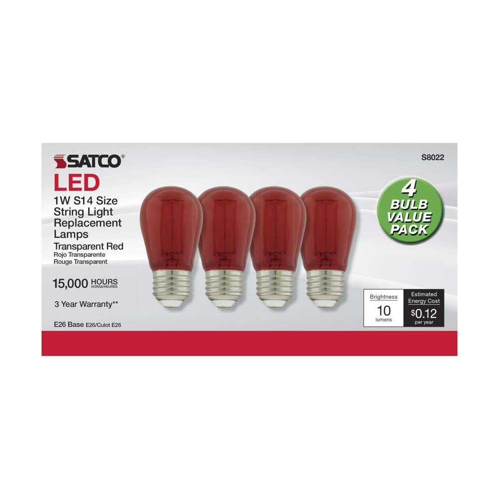 4Pk - 1W S14 LED Filament Red Transparent Glass Bulb E26 Base 120v