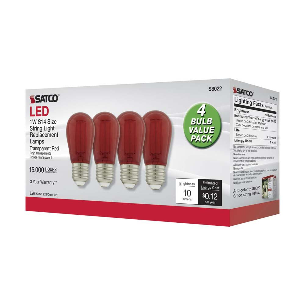 4Pk - 1W S14 LED Filament Red Transparent Glass Bulb E26 Base 120v