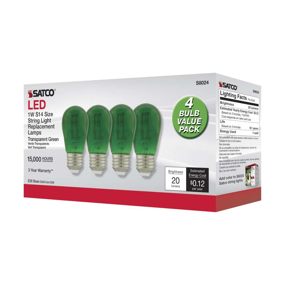 4Pk - 1W S14 LED Filament Green Transparent Glass Bulb E26 Base 120v