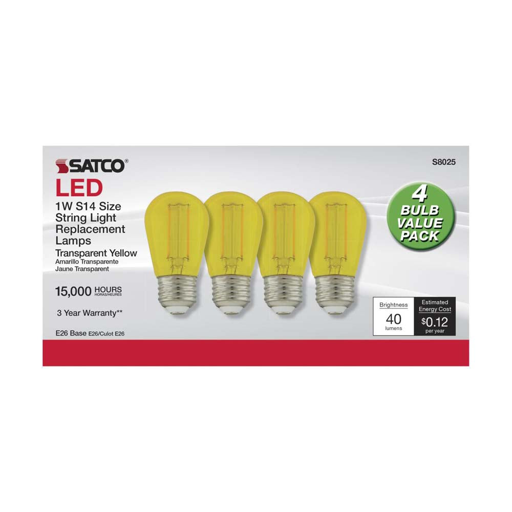 4Pk - 1W S14 LED Filament Yellow Transparent Glass Bulb E26 Base 120v