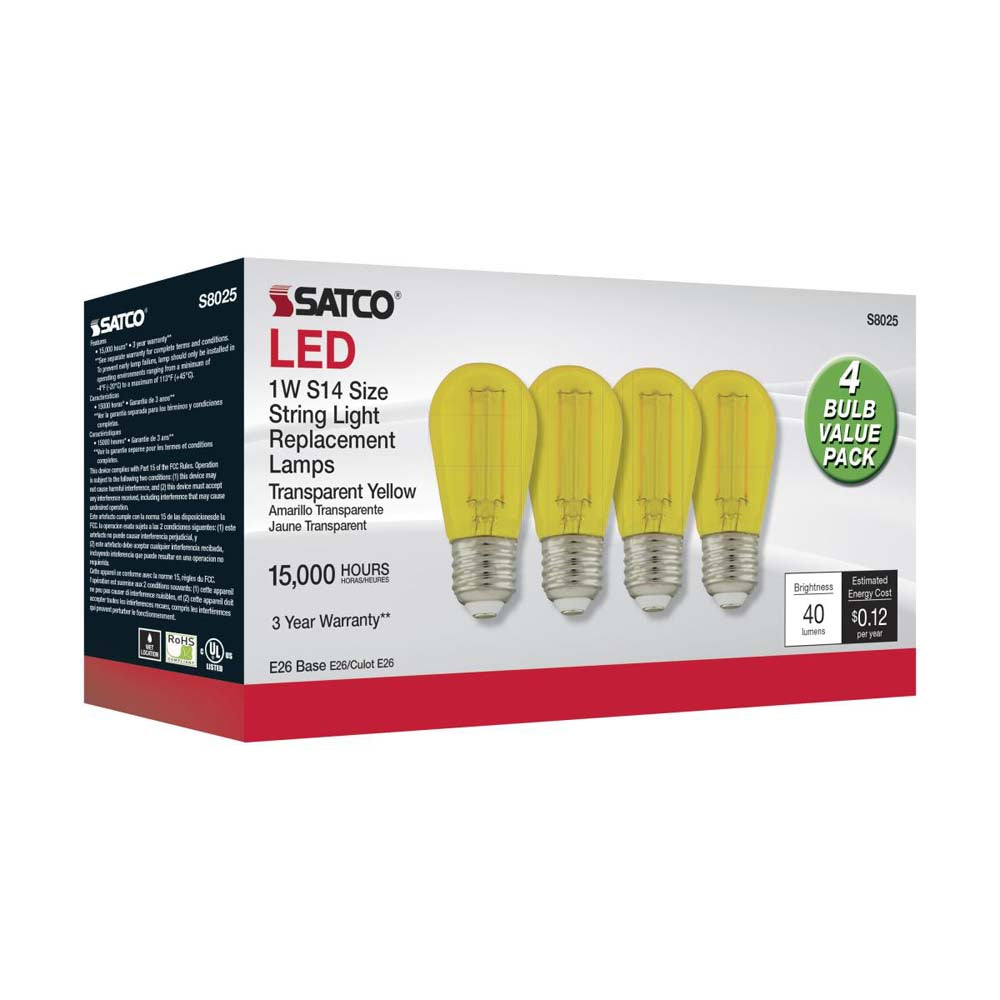 4Pk - 1W S14 LED Filament Yellow Transparent Glass Bulb E26 Base 120v