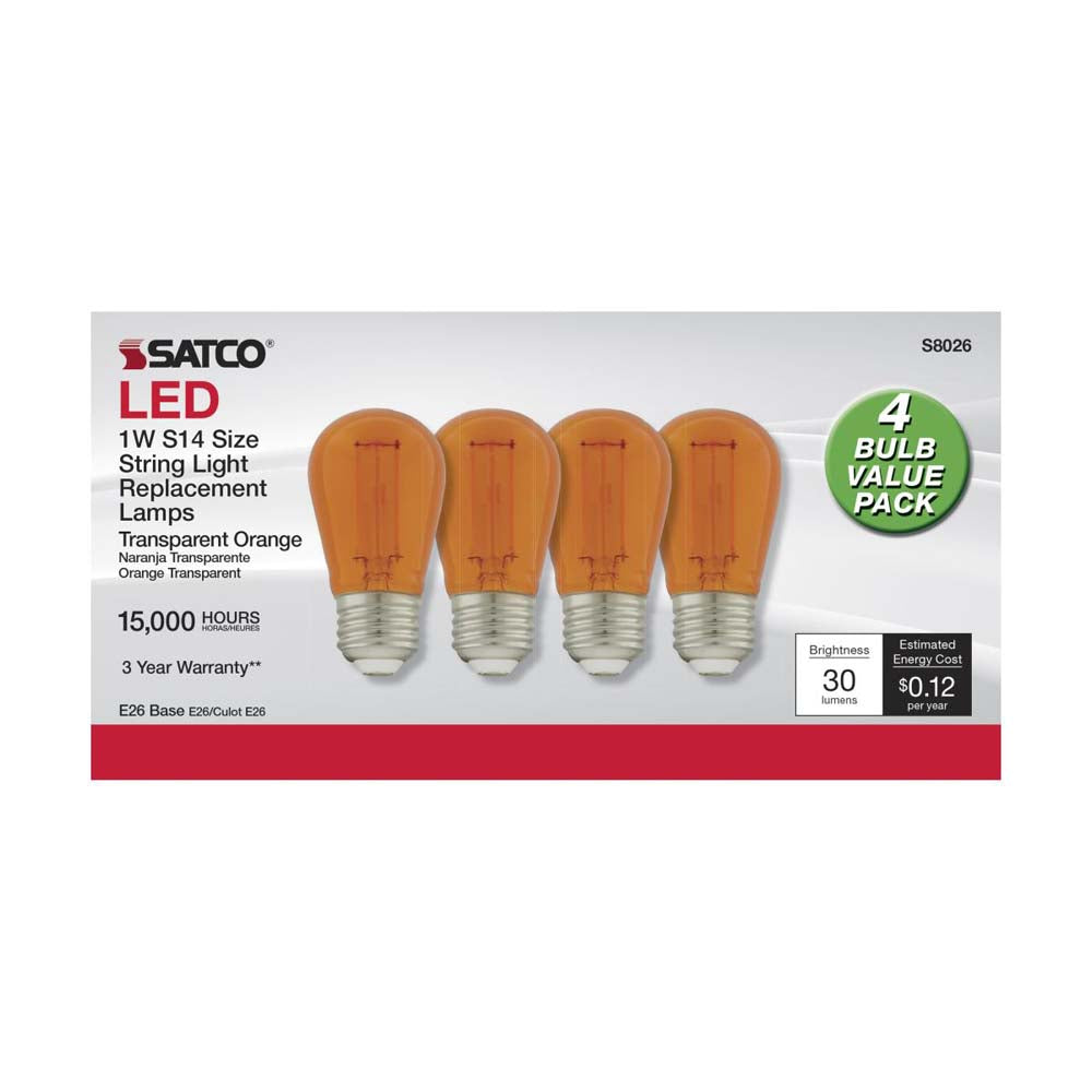 4Pk - 1W S14 LED Filament Orange Transparent Glass Bulb E26 Base 120v
