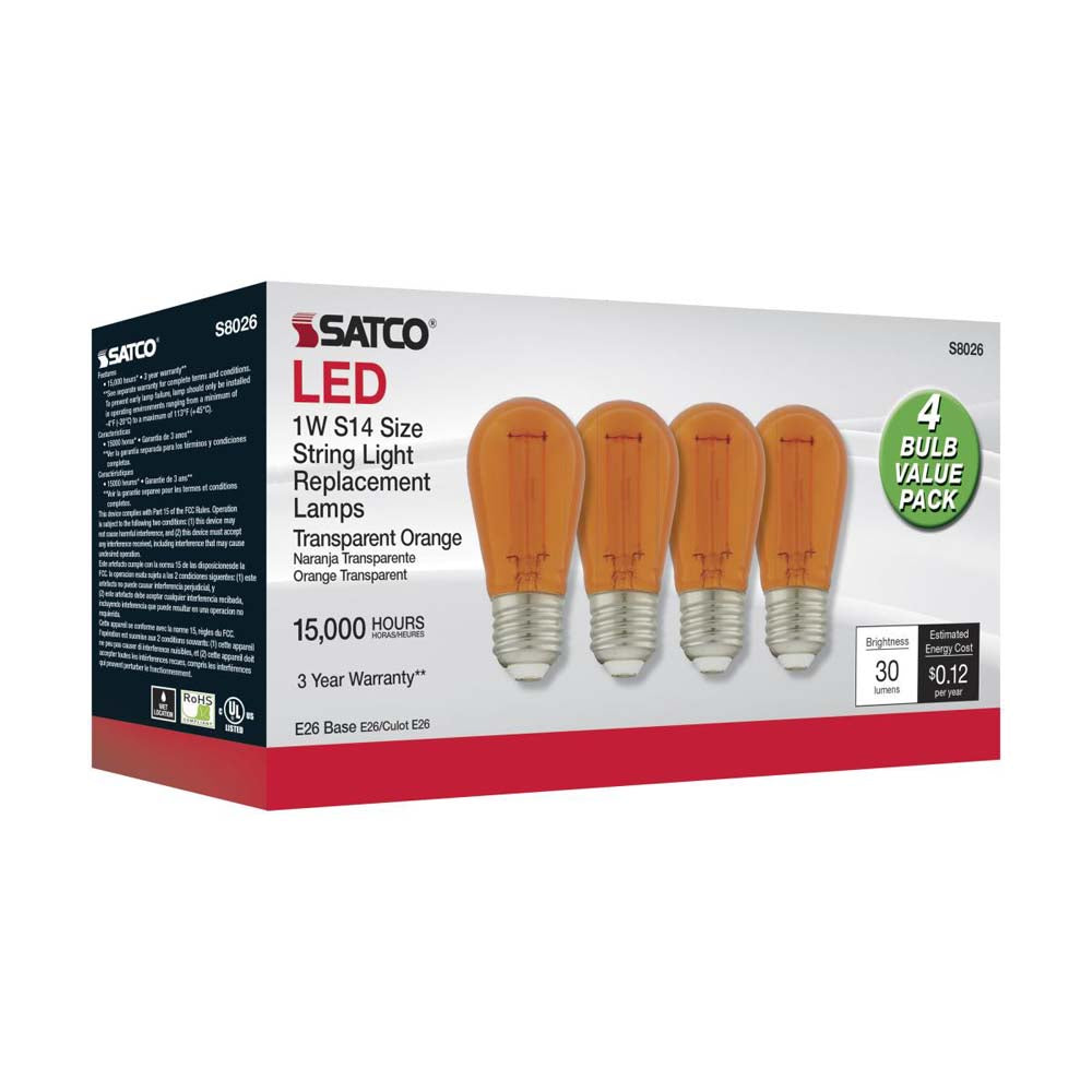 4Pk - 1W S14 LED Filament Orange Transparent Glass Bulb E26 Base 120v