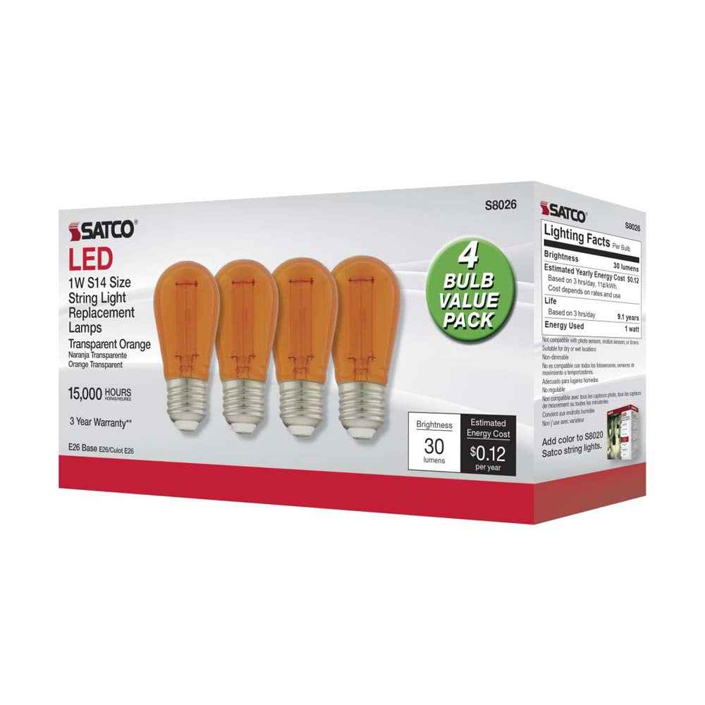 4Pk - 1W S14 LED Filament Orange Transparent Glass Bulb E26 Base 120v