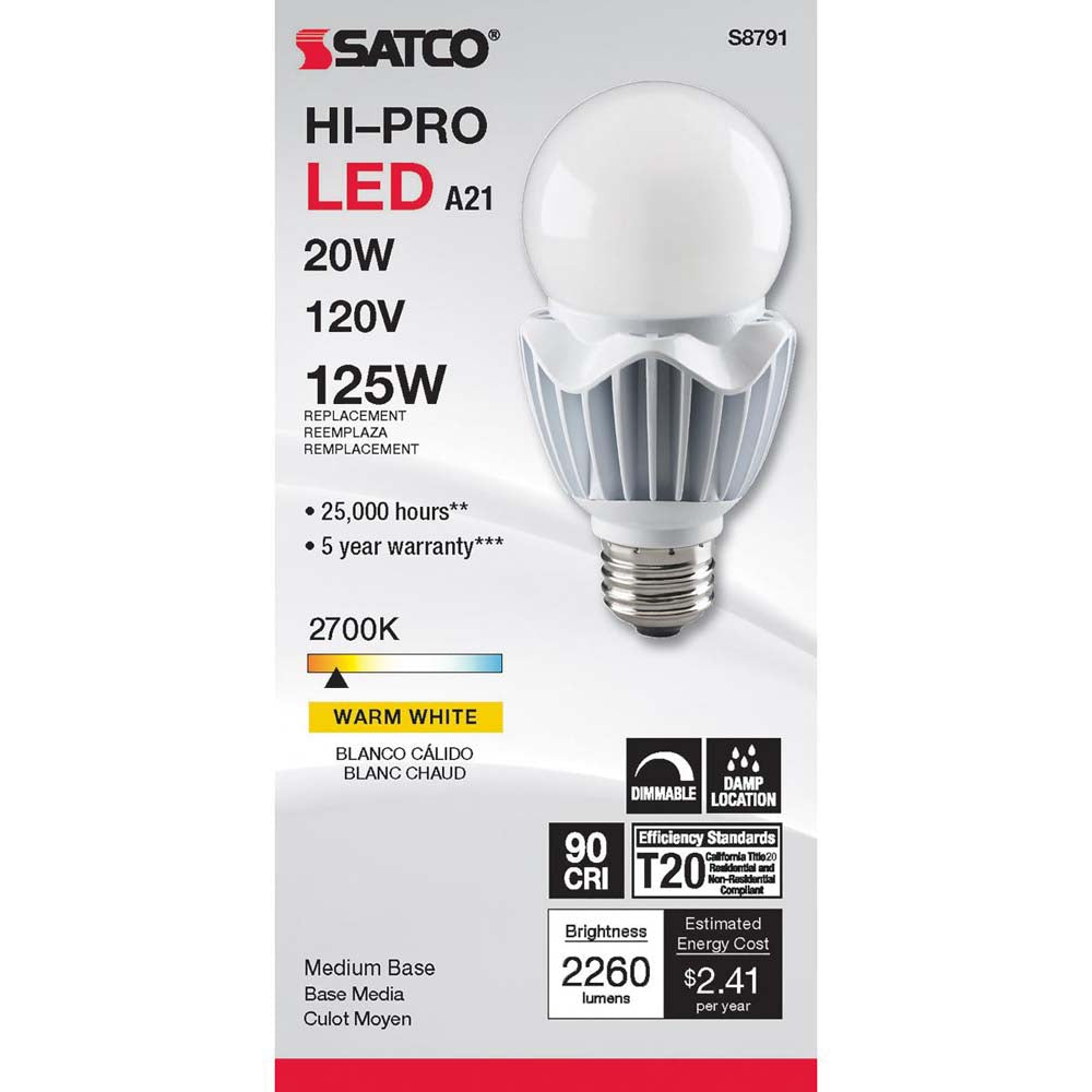 20W LED A21 High lumen output 2700K Dimmable E26 Medium base 120v