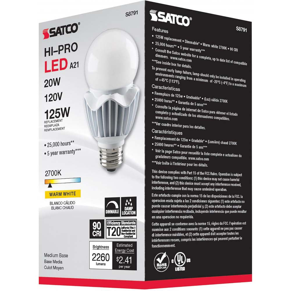 20W LED A21 High lumen output 2700K Dimmable E26 Medium base 120v