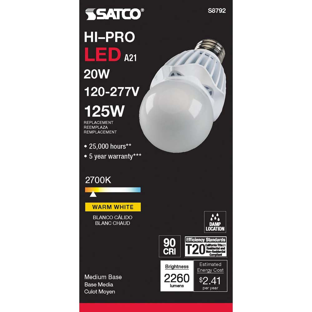 20W LED A21 High lumen output 2700K E26 Medium base 120-277v