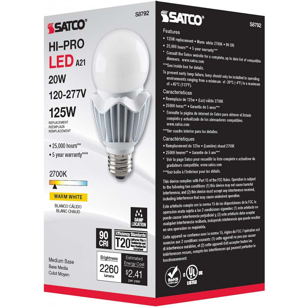 20W LED A21 High lumen output 2700K E26 Medium base 120-277v