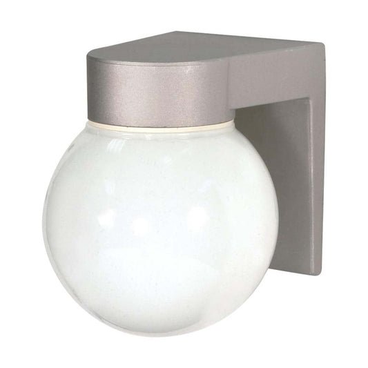 8-in Utility Wall Mount w/ White Glass Globe Satin Aluminum Finish