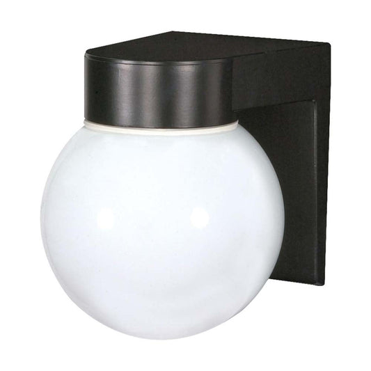 8-in Utility Wall Mount w/ White Glass Globe Black Finish