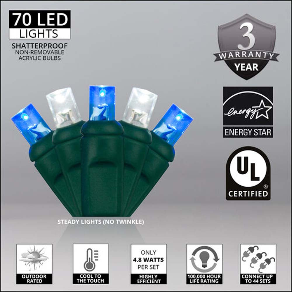 Wintergreen 70 5mm Blue Cool White LED Christmas Lights 4in. Spacing 120v