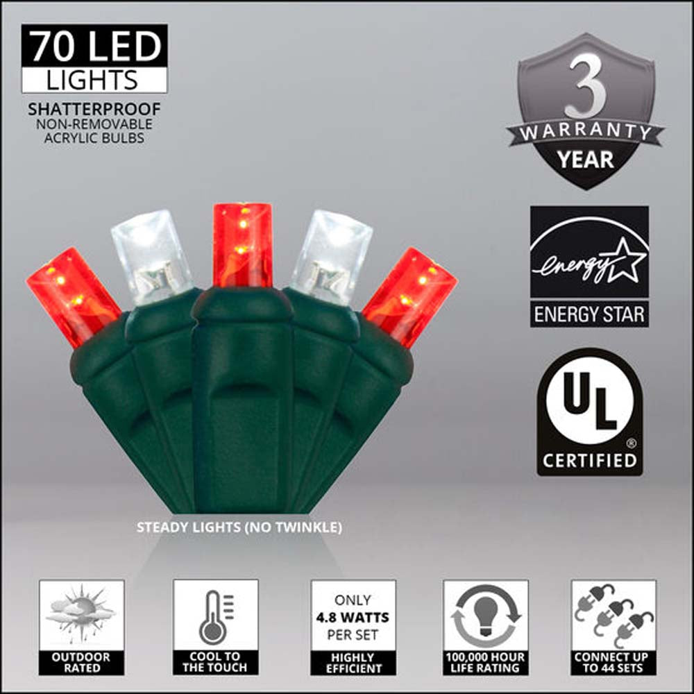 Wintergreen 70 5mm Red Cool White LED Christmas Lights 4in. Spacing 120v
