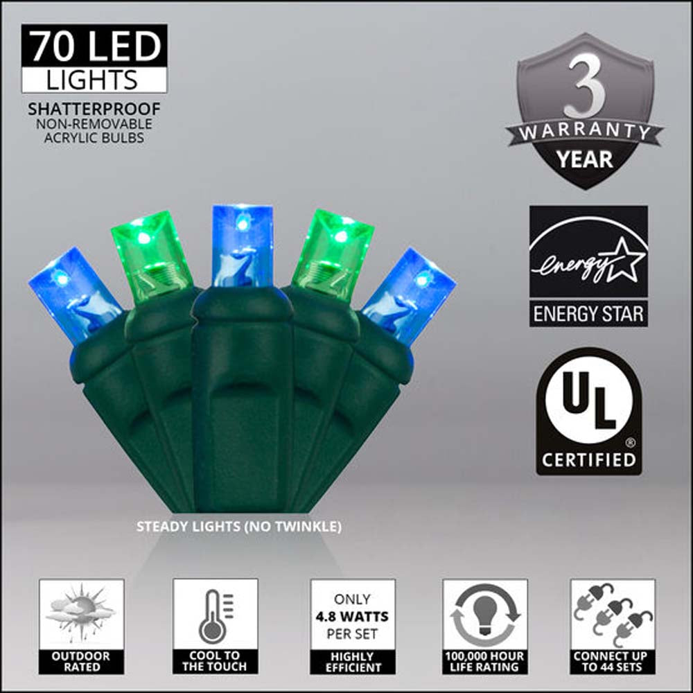 Wintergreen 70 5mm Blue Green LED Christmas Lights 4in. Spacing 120v