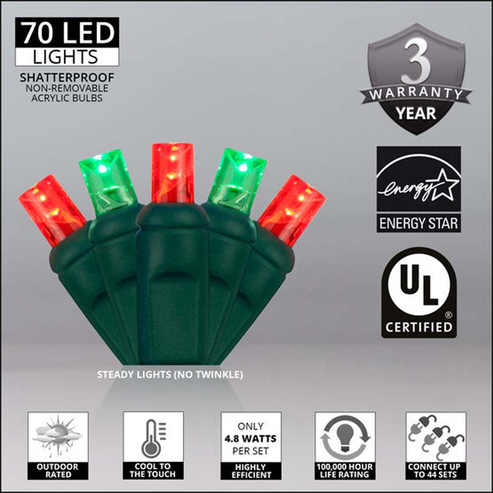 Wintergreen 70 5mm Red Green LED Christmas Lights 4in. Spacing 120v